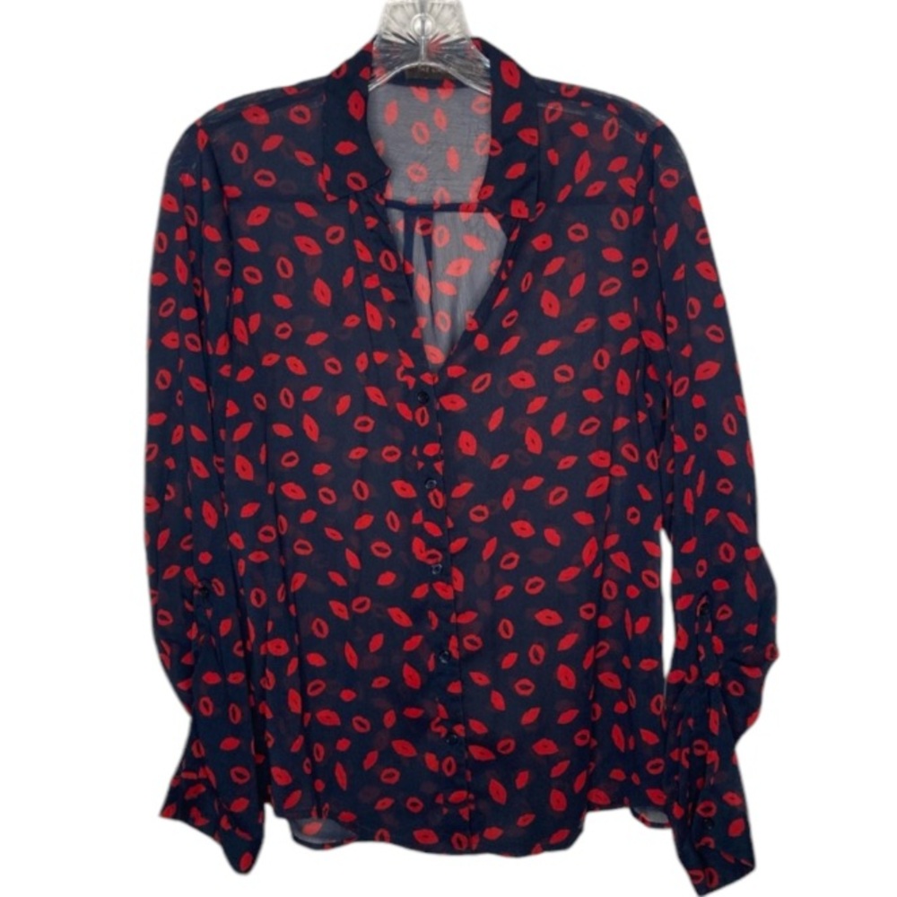 The Limited novelty Mesh lip print long sleeve button up shirt Size:M